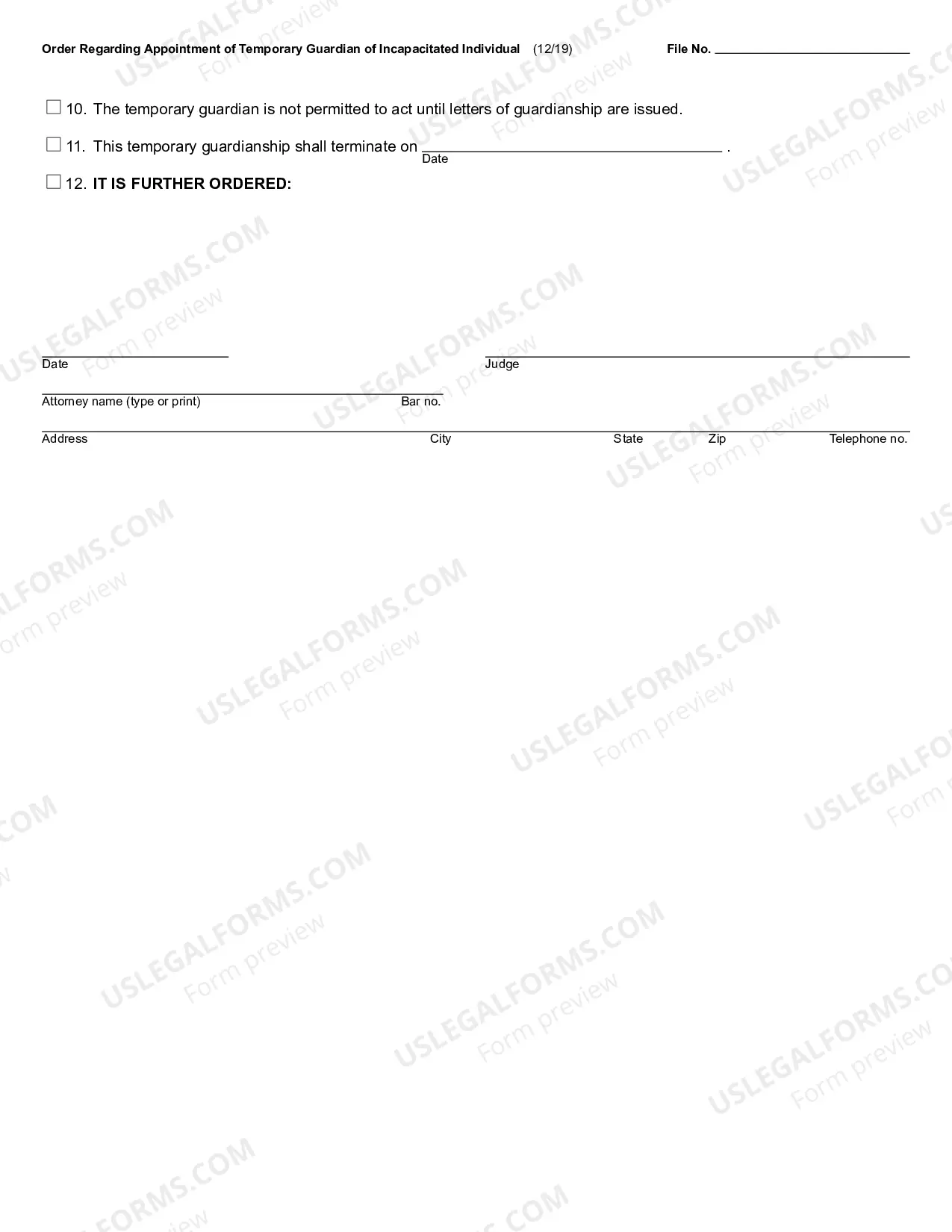 Preview Order Regarding Appointment of Temporary Guardian of Incapacitated Individual