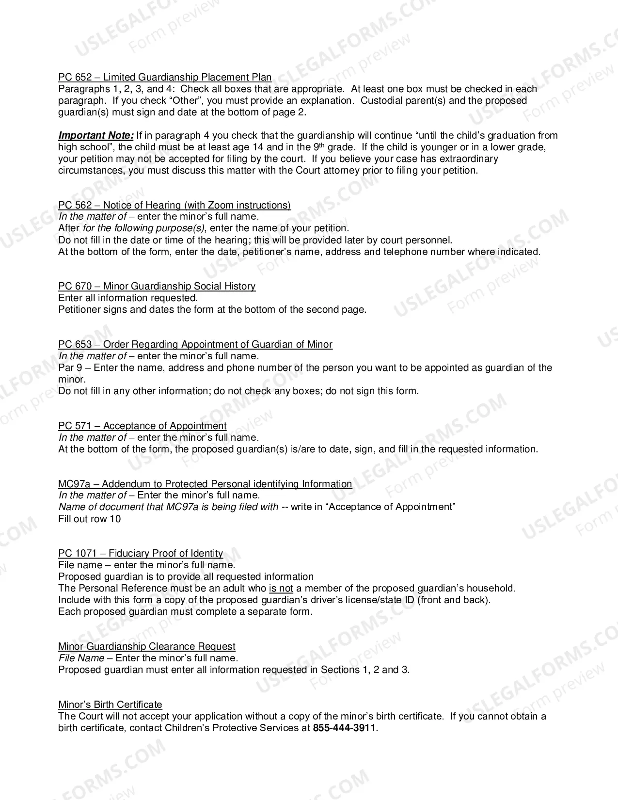 Preview Instructions for Appointment of a Limited Guardian of a Minor