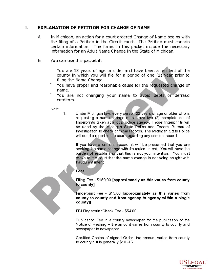Preview Michigan Name Change Instructions and Forms Package for an Adult