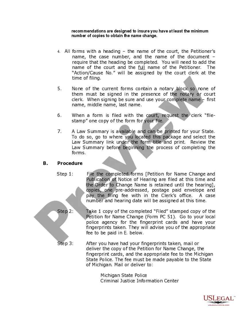 Preview Michigan Name Change Instructions and Forms Package for a Minor