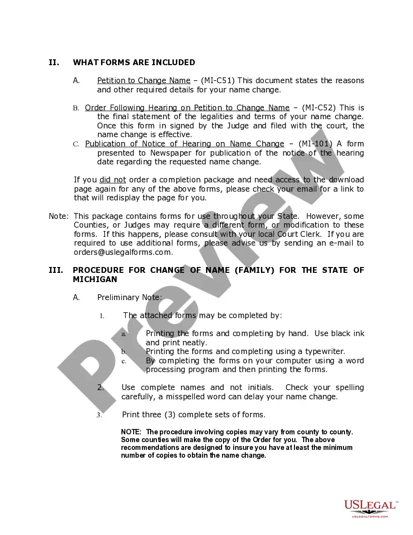 Preview Michigan Name Change Instructions and Forms Package for a Family
