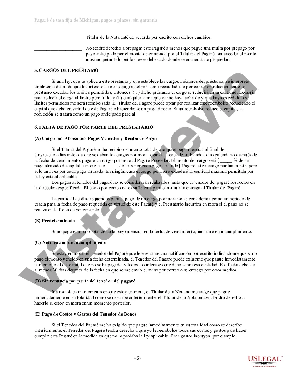 Preview Pagaré de pago a plazos no garantizado de Michigan para tasa fija