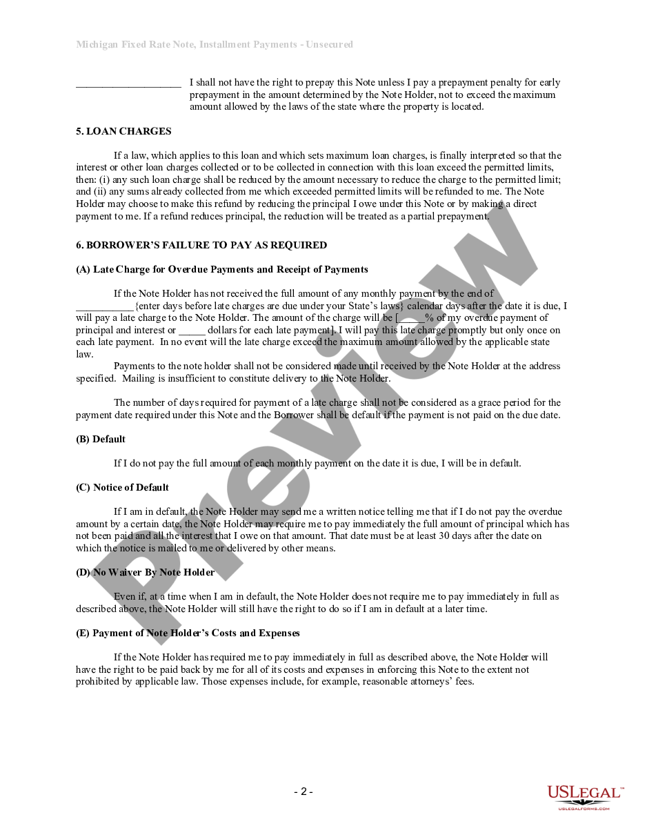 page 1 Michigan Unsecured Installment Payment Promissory Note for Fixed Rate preview