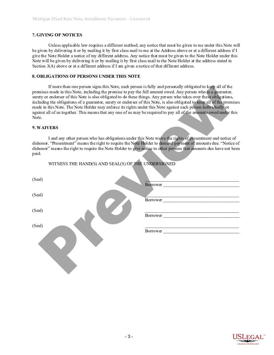 form Michigan Unsecured Installment Payment Promissory Note for Fixed Rate preview