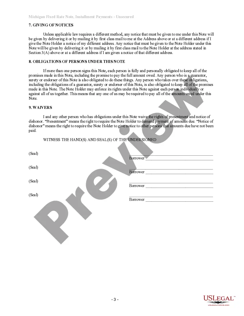 Get Michigan Unsecured Installment Payment Promissory Note for Fixed Rate Preview Michigan Unsecured Installment Payment Promissory Note for Fixed Rate