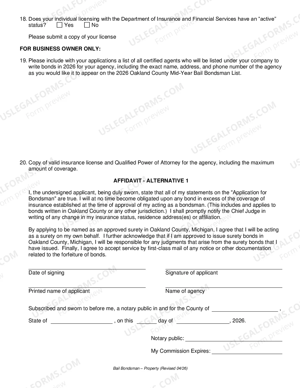 Preview Bail Bondsman Application - Insurance