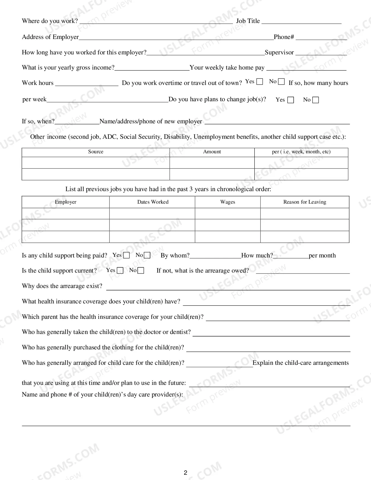 Preview Custody And Parenting Time Questionaire