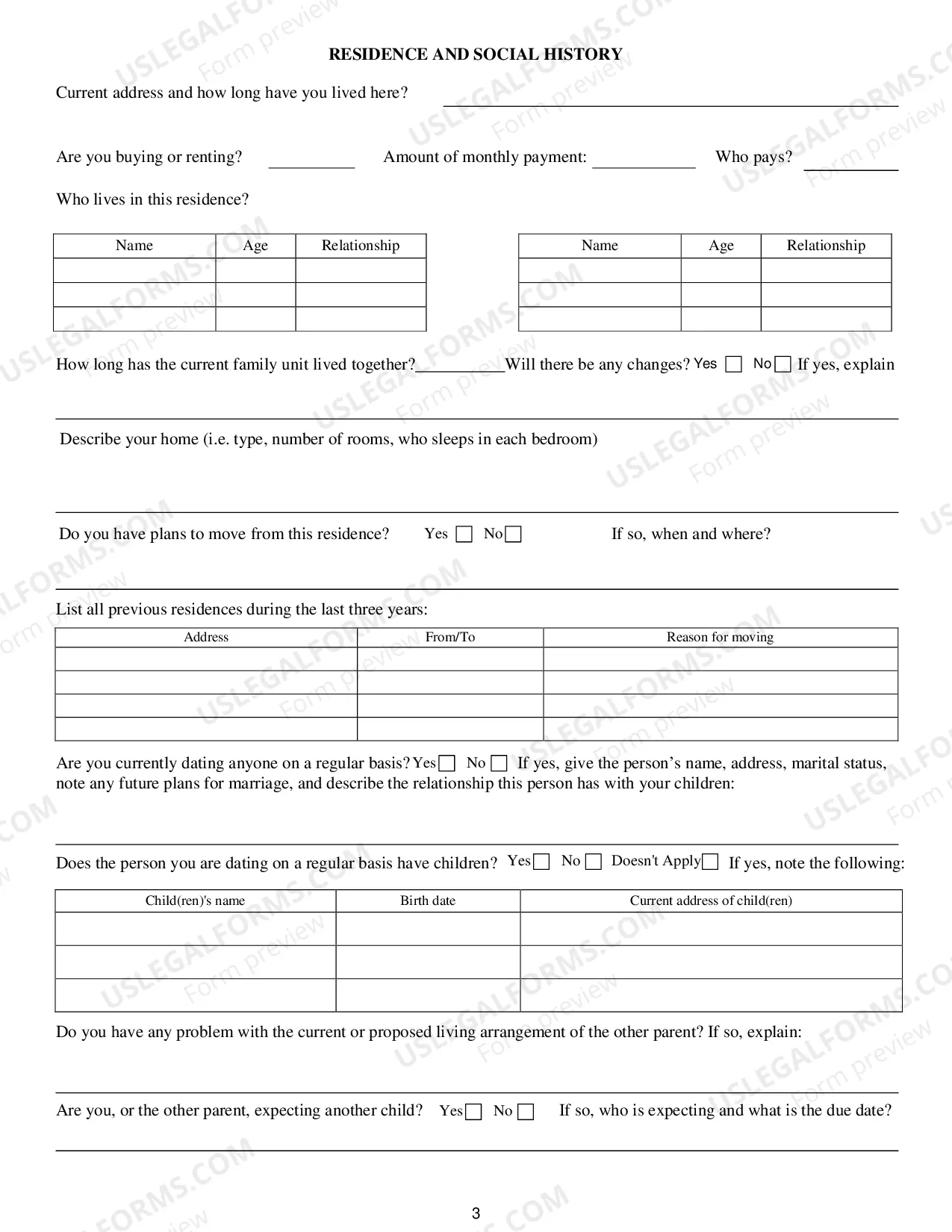 Preview Custody And Parenting Time Questionaire