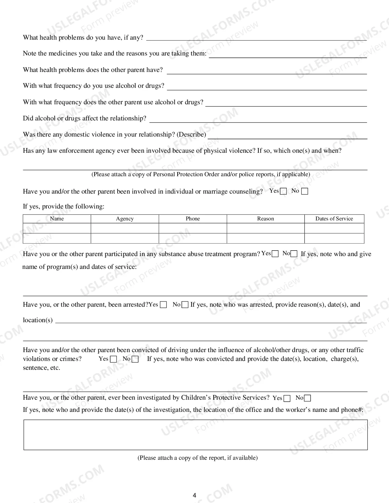 Preview Custody And Parenting Time Questionaire