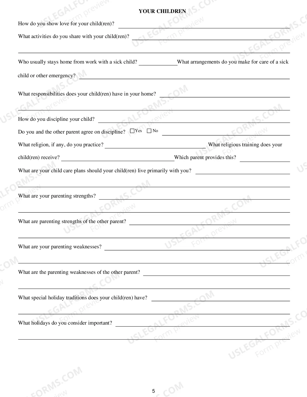 Preview Custody And Parenting Time Questionaire