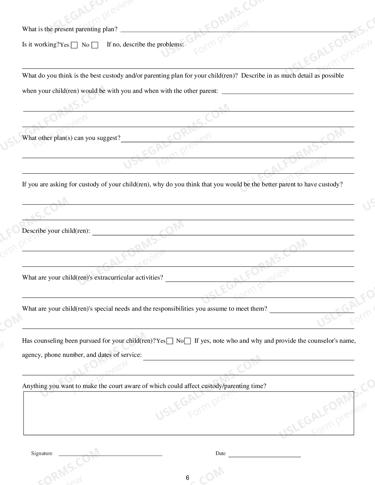 Preview Custody And Parenting Time Questionaire