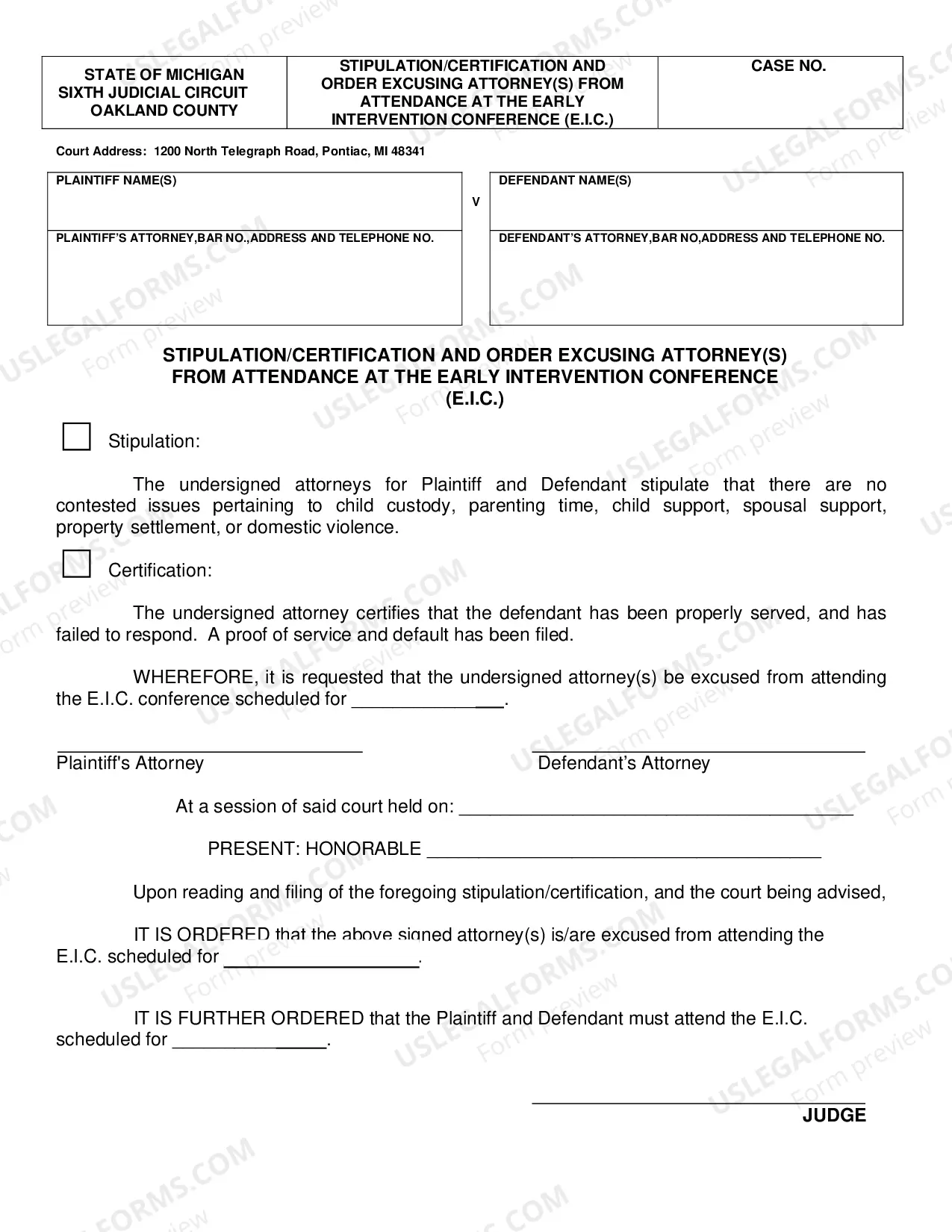 Preview Stipulation Or Certification And Order Excusing Attorney(s) From Attendance At The E.I.C.