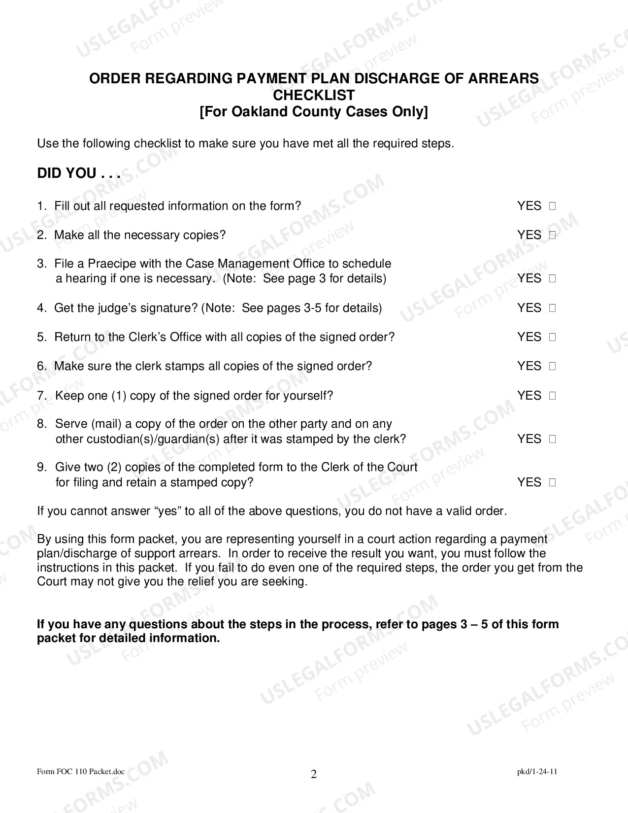 Preview Order Regarding Payment Plan/Discharge of Arrears