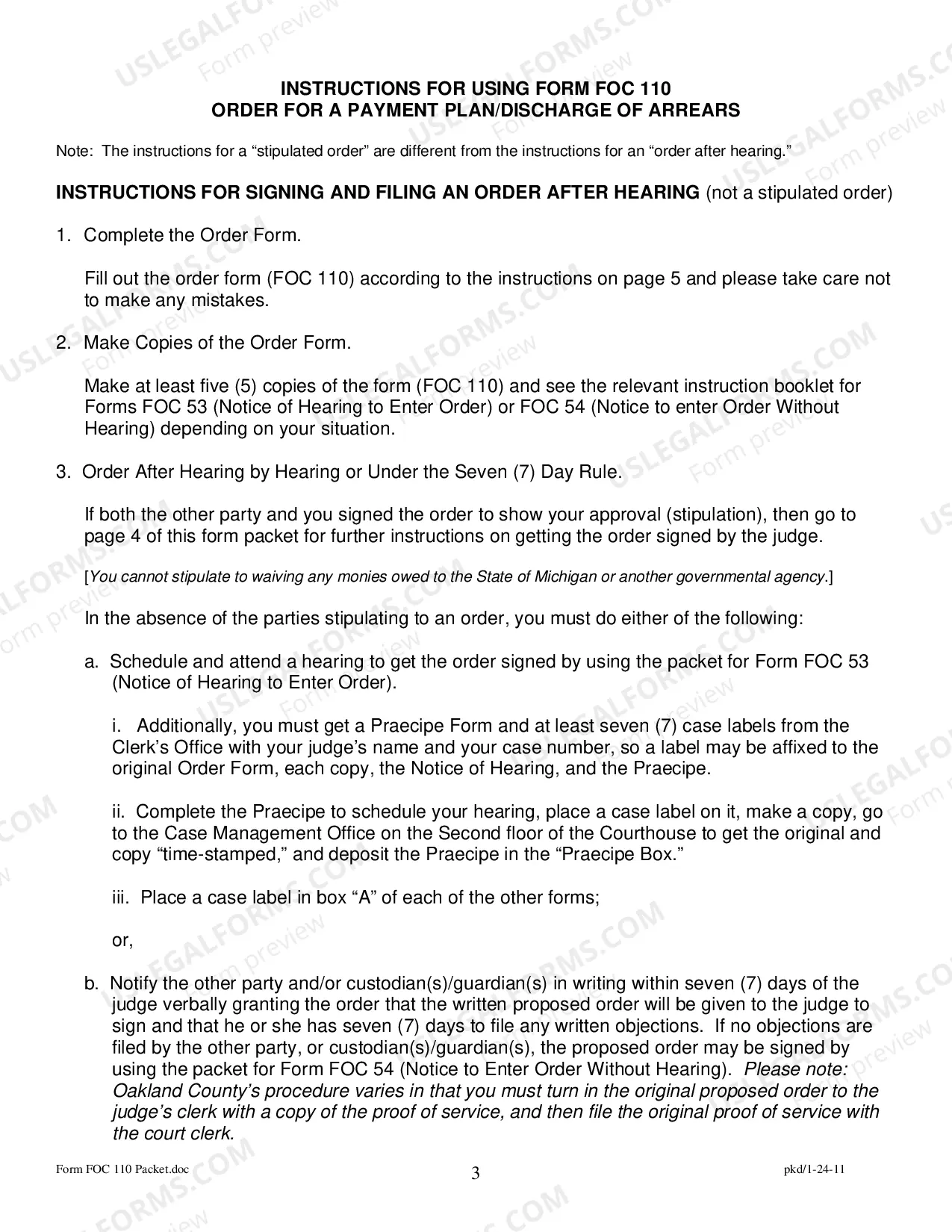 Preview Order Regarding Payment Plan/Discharge of Arrears
