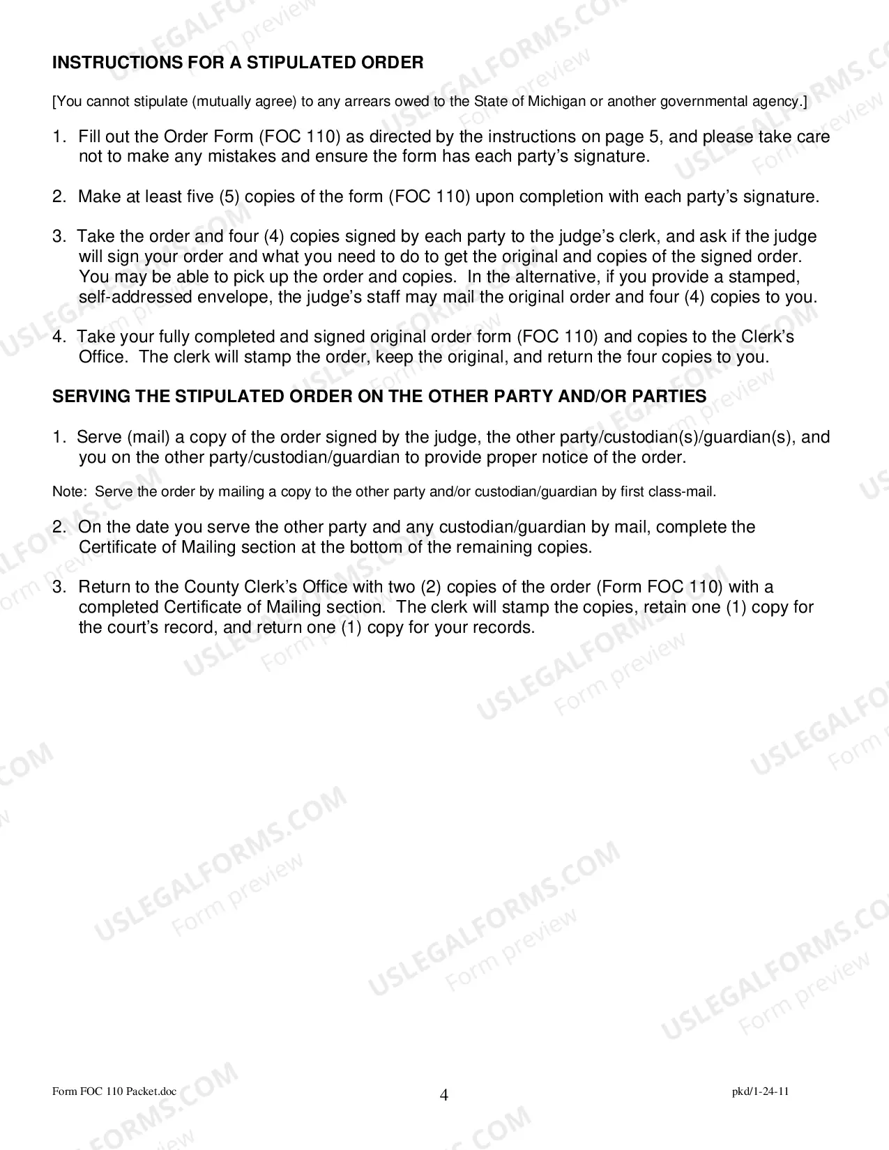 Preview Order Regarding Payment Plan/Discharge of Arrears