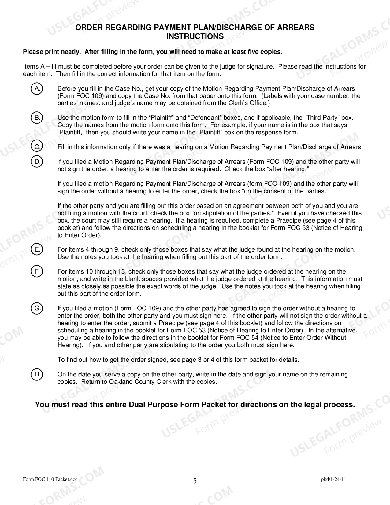 Preview Order Regarding Payment Plan/Discharge of Arrears