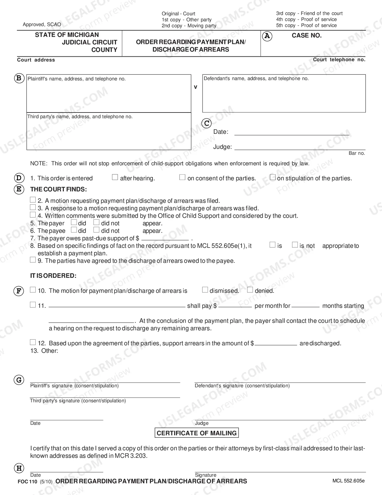 Preview Order Regarding Payment Plan/Discharge of Arrears
