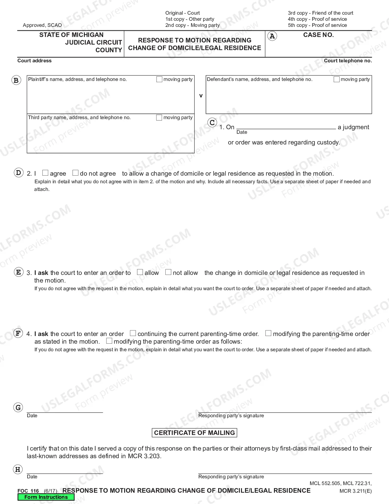 Preview Response to Motion Regarding Change of Domicile/Legal Residence