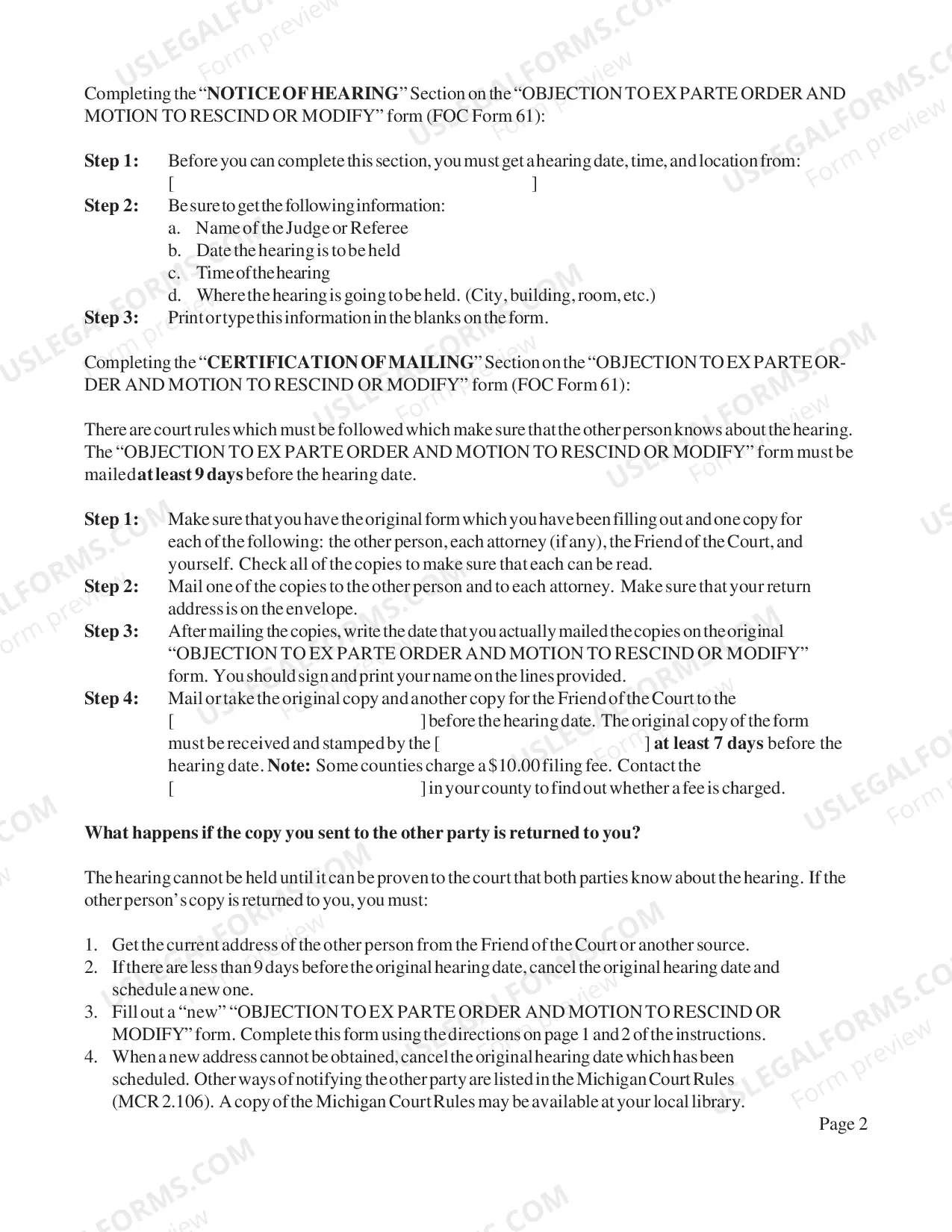 Preview Instructions for Changing an Ex Parte Order