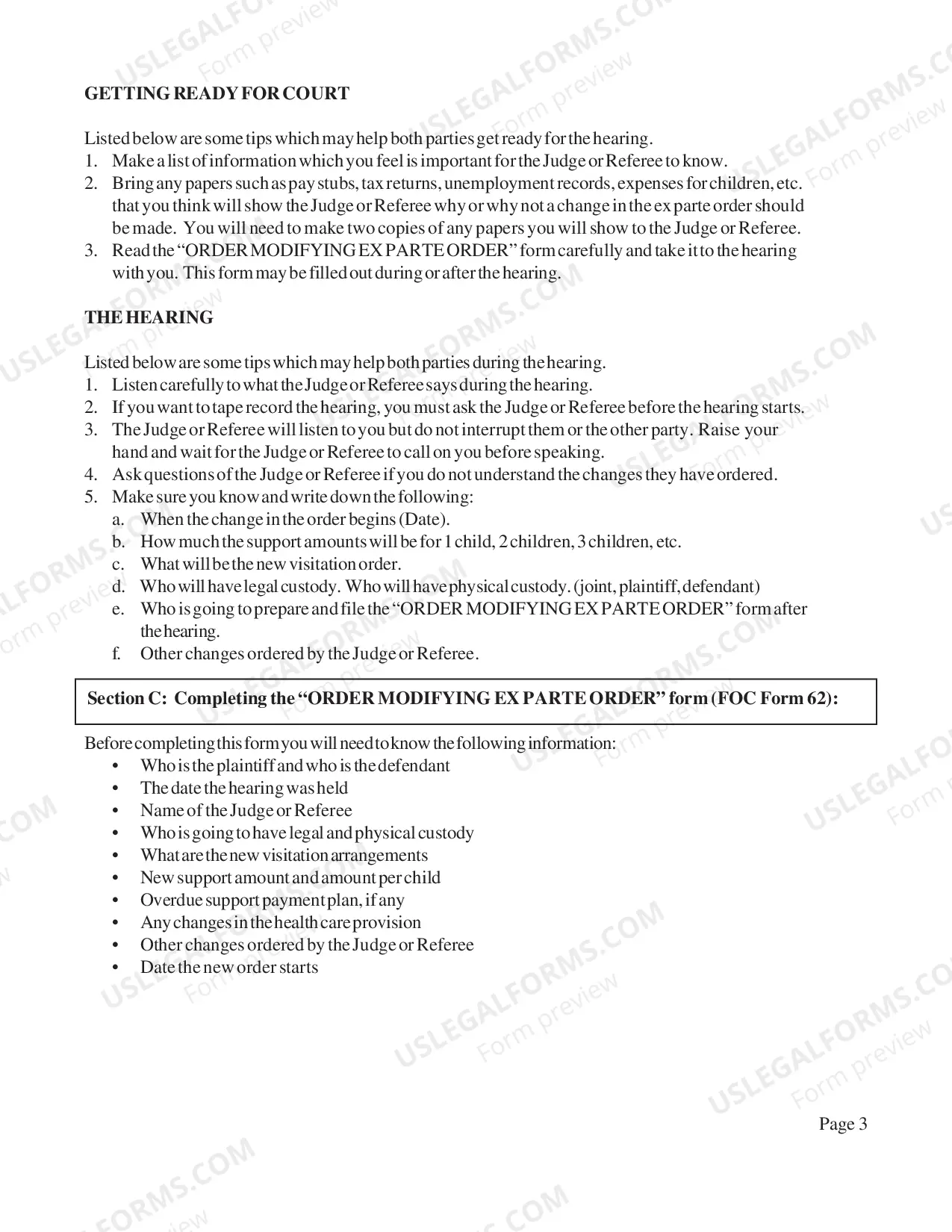 Preview Instructions for Changing an Ex Parte Order