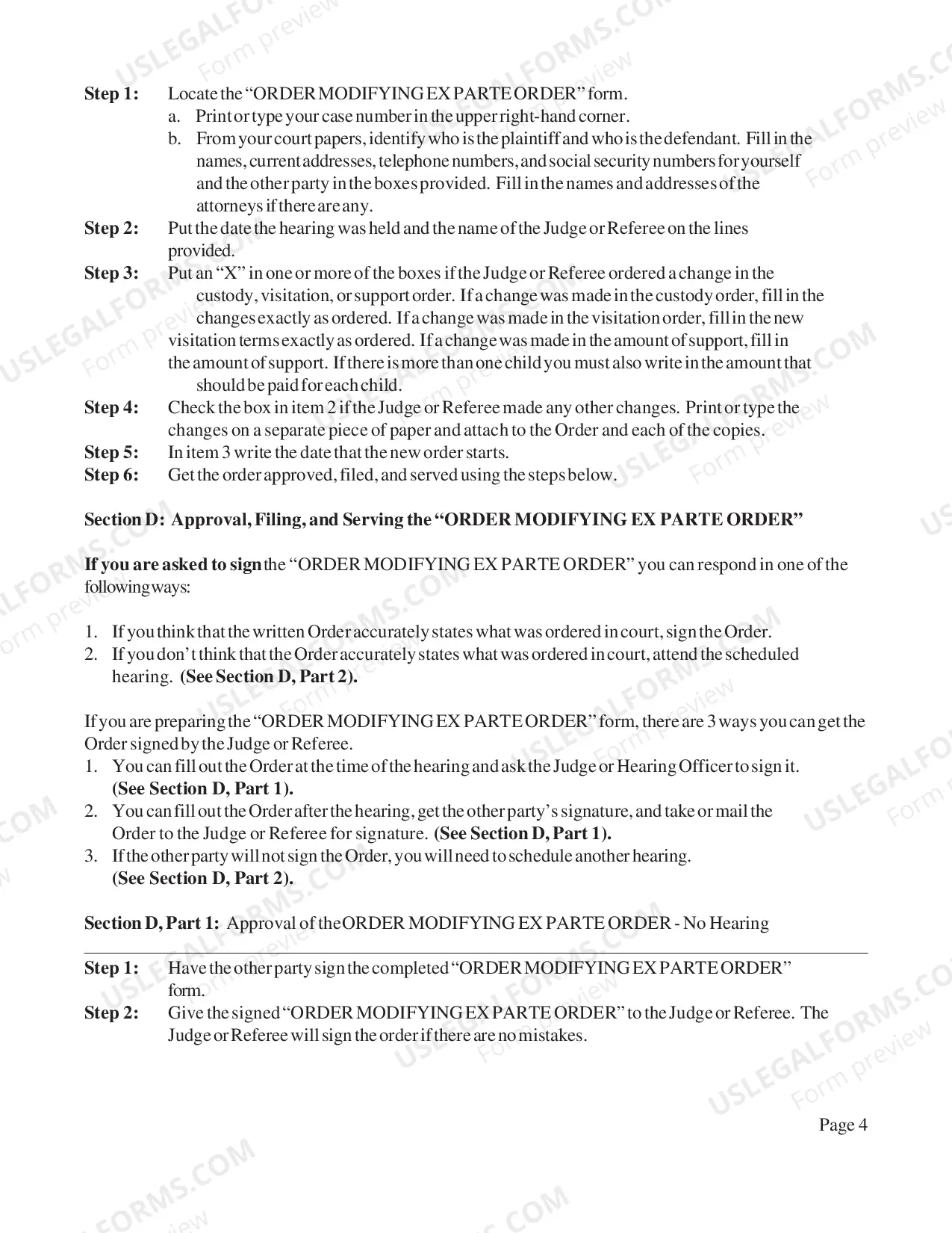 Preview Instructions for Changing an Ex Parte Order