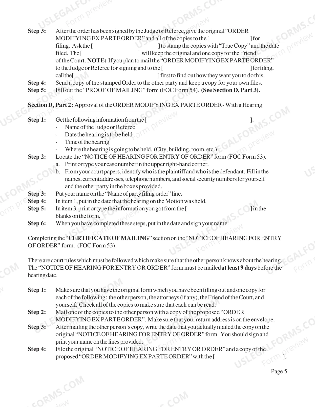 Preview Instructions for Changing an Ex Parte Order