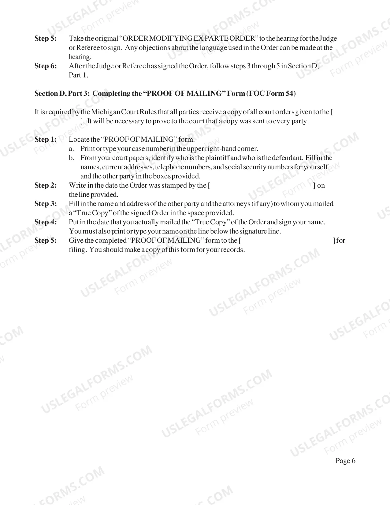 Preview Instructions for Changing an Ex Parte Order