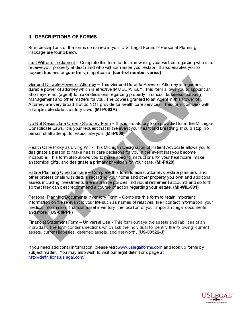 Preview Michigan Life Documents Planning Package, including Will, Power of Attorney and Living Will