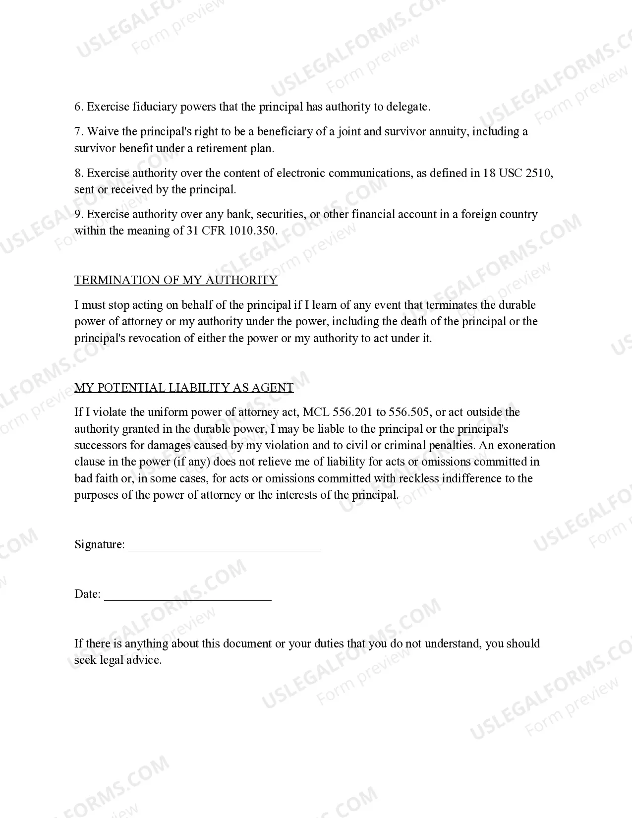 Preview Agent's Acknowledgment of Durable Power of Attorney