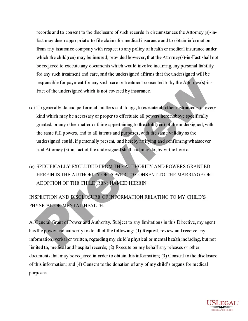 Preview General Power of Attorney for Care and Custody of Child or Children / Temporary Guardian