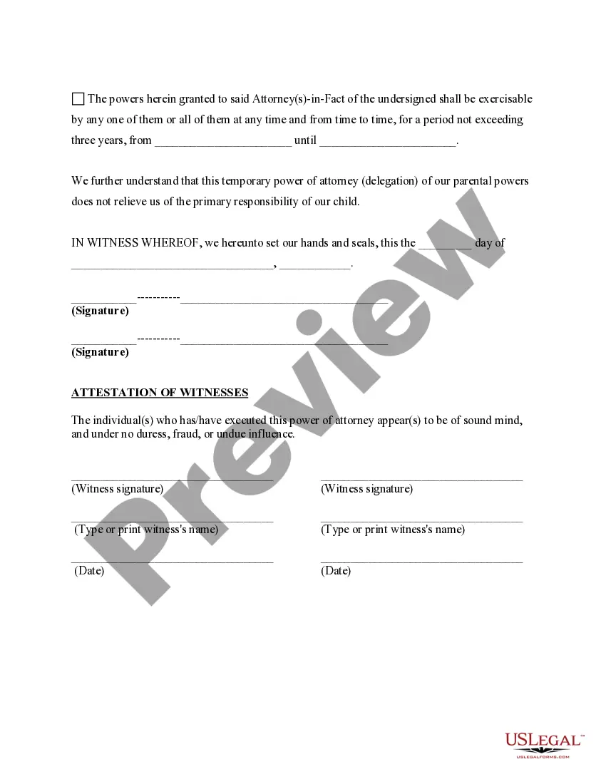 Preview General Power of Attorney for Care and Custody of Child or Children / Temporary Guardian