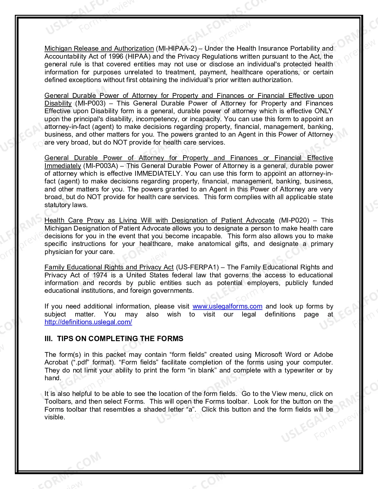 Preview Michigan Young Adult Power of Attorney Package