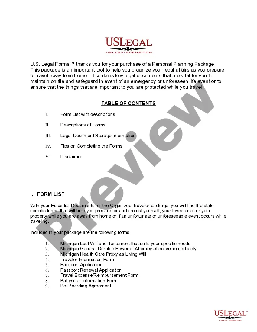 Preview Michigan Essential Documents for the Organized Traveler Package