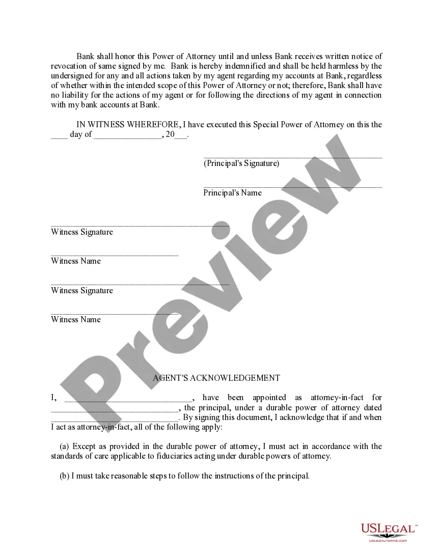 Preview Special Durable Power of Attorney for Bank Account Matters