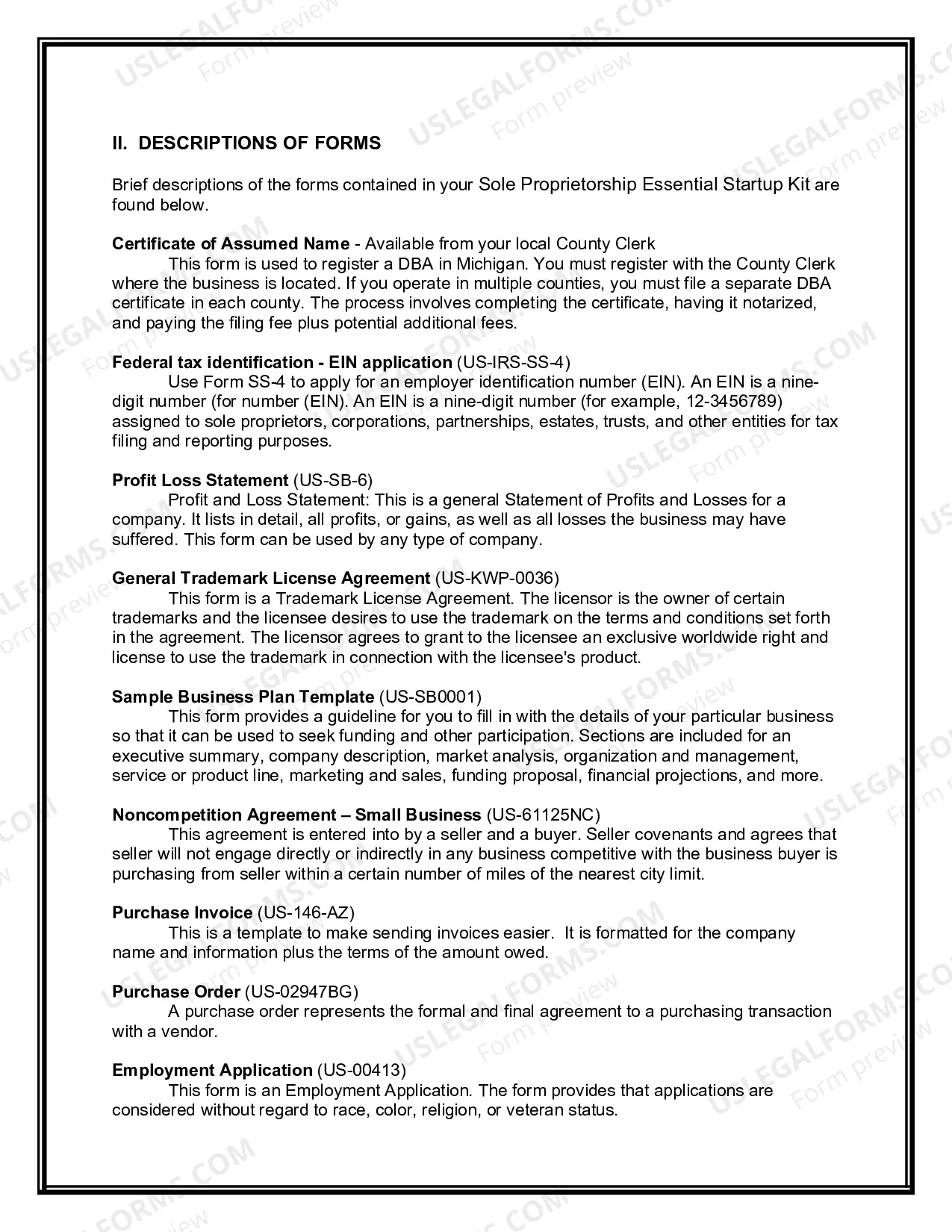 Preview Michigan Sole Proprietorship Essential Startup Kit