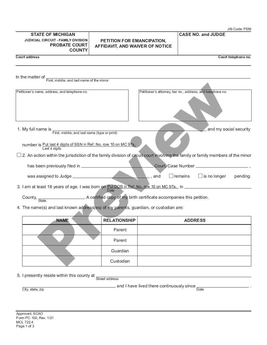 page 0 Petition for Emancipation, Affidavit, and Waiver of Notice preview