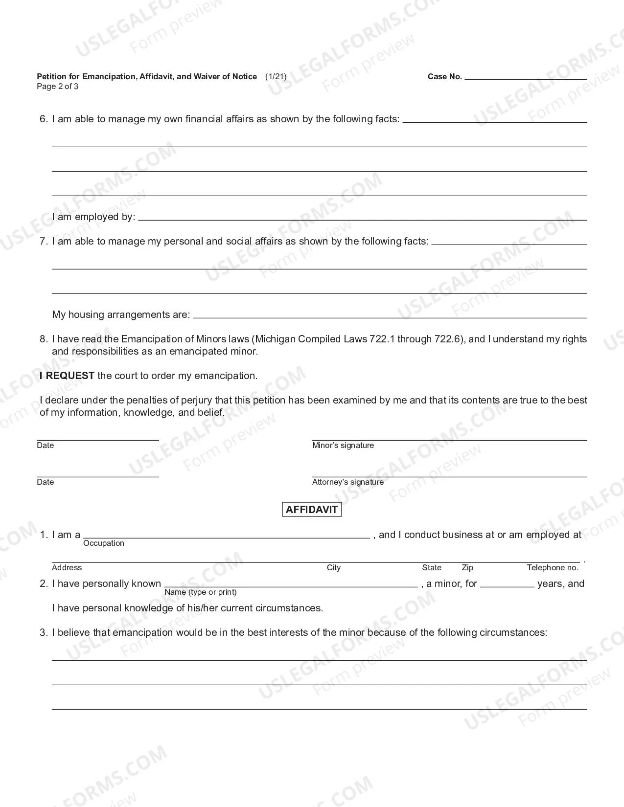Preview Petition For Emancipation And Affidavit And Waiver of Notice