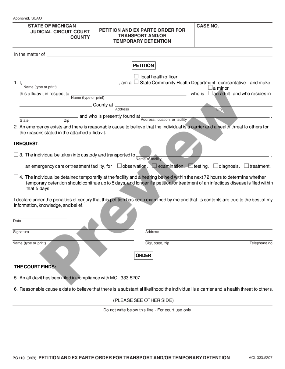 page 0 Petition and Ex Parte Order for Transport and or Temporary Detention preview