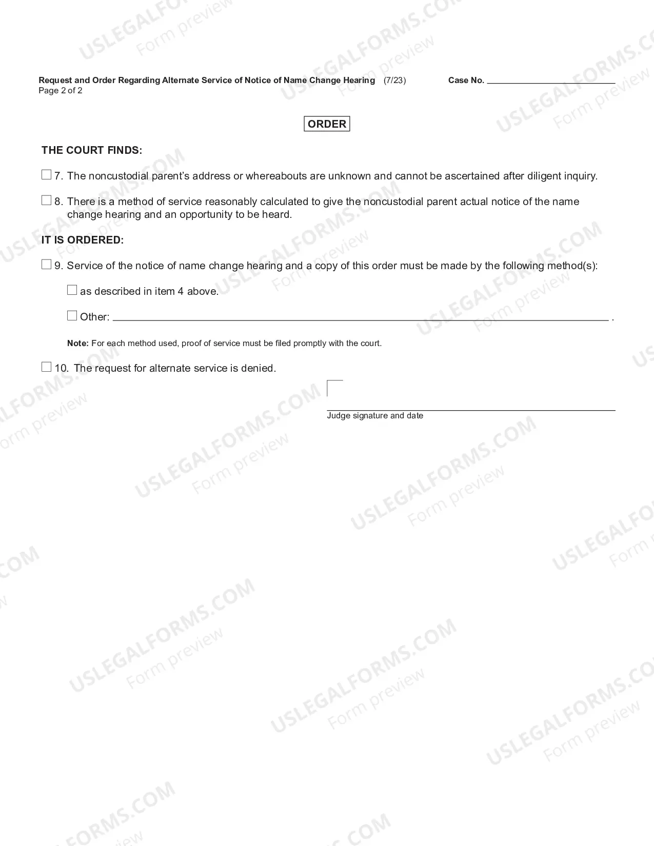 Preview Request and Order Regarding Alternate Service of Notice of Name Change Hearing
