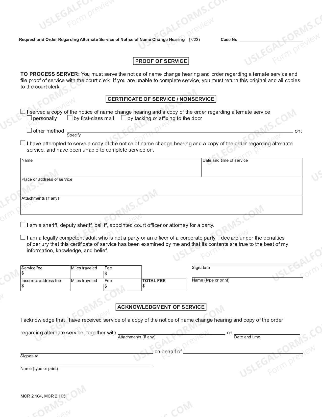 Preview Request and Order Regarding Alternate Service of Notice of Name Change Hearing