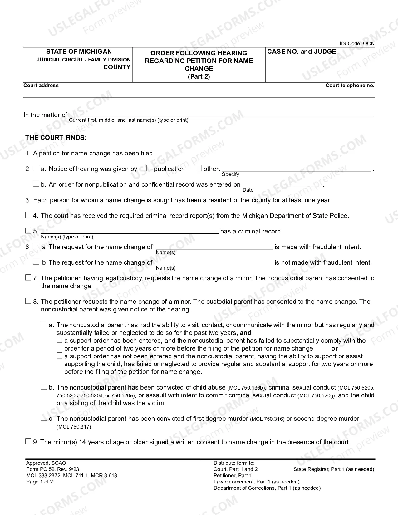 Preview Order Following Hearing On Petition To Change Name