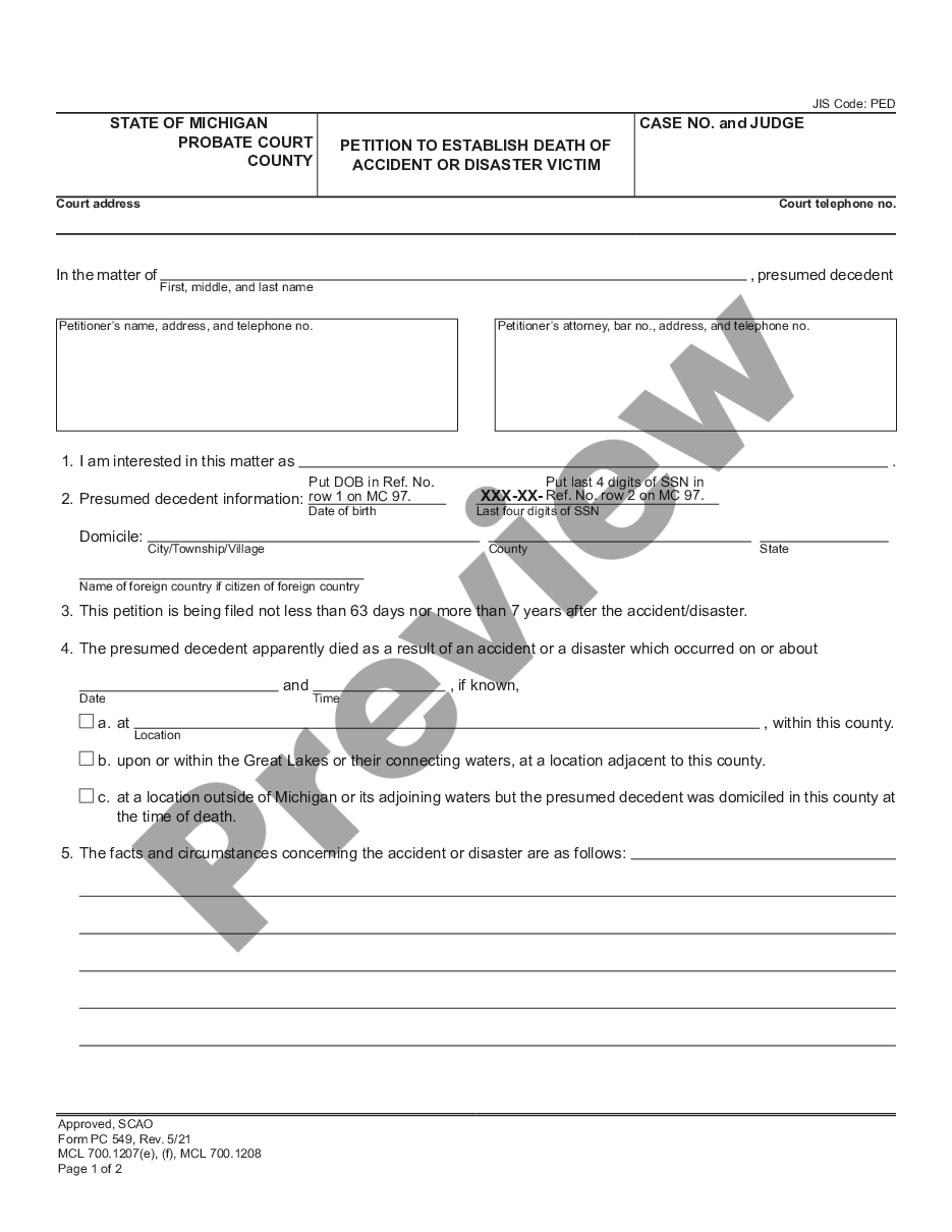 page 0 Petition to Establish Death of Accident or Disaster Victim preview