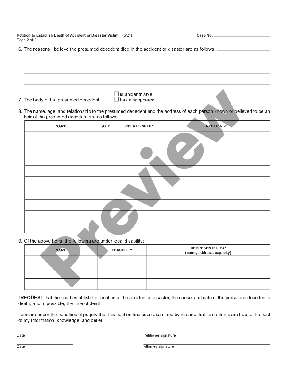 page 1 Petition to Establish Death of Accident or Disaster Victim preview