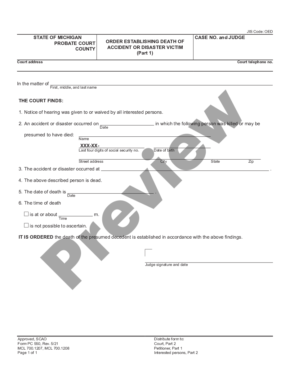 page 0 Order Establishing Death of Accident or Disaster Victim preview