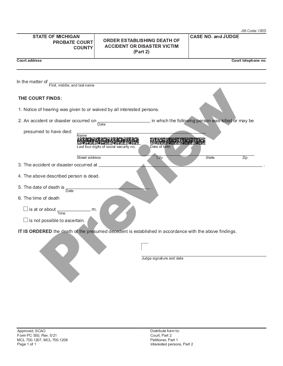 page 1 Order Establishing Death of Accident or Disaster Victim preview