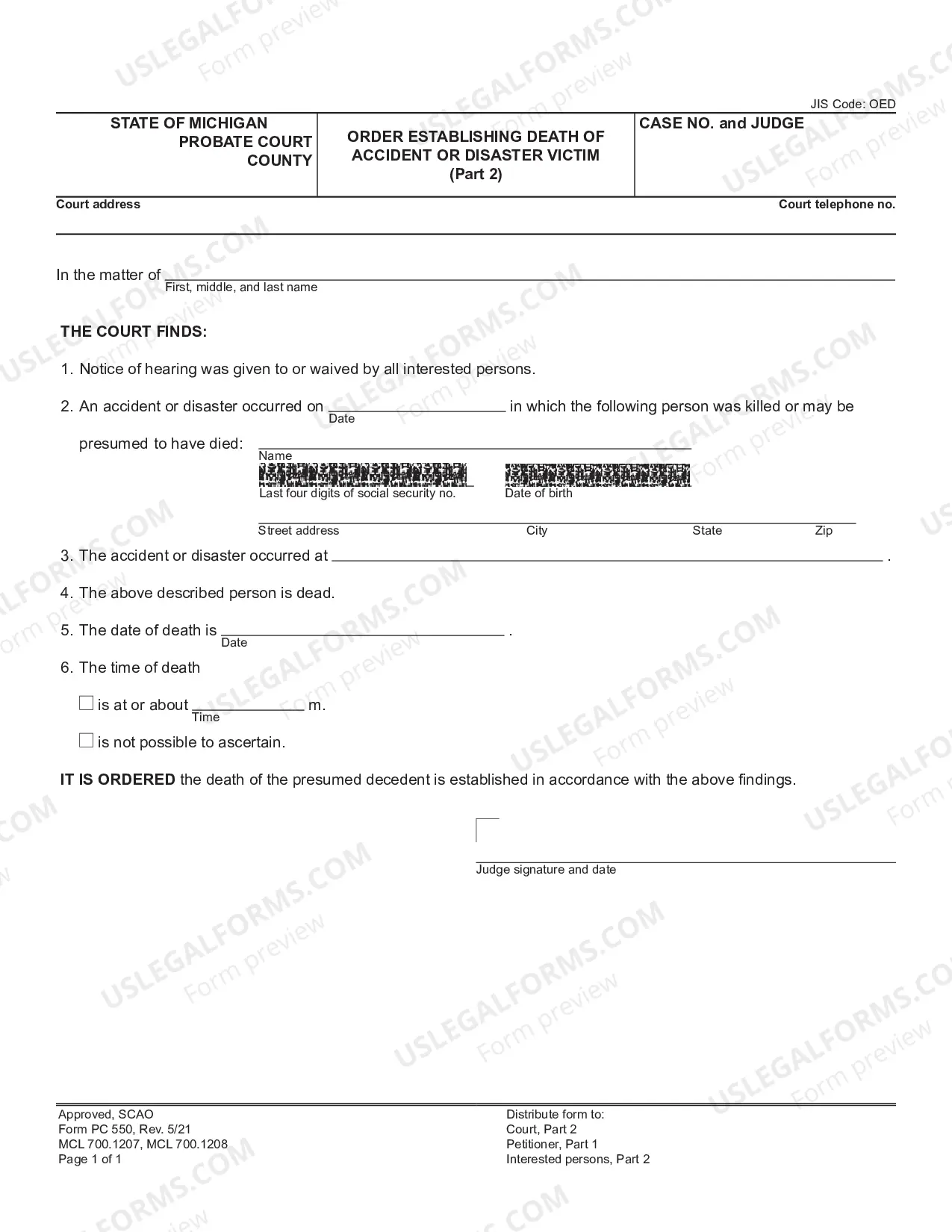 Preview Order Establishing Death of Accident or Disaster Victim