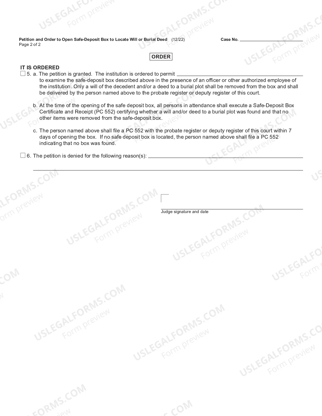 Preview Petition and Order to Open Safe-Deposit Box to Locate Will or Burial Deed