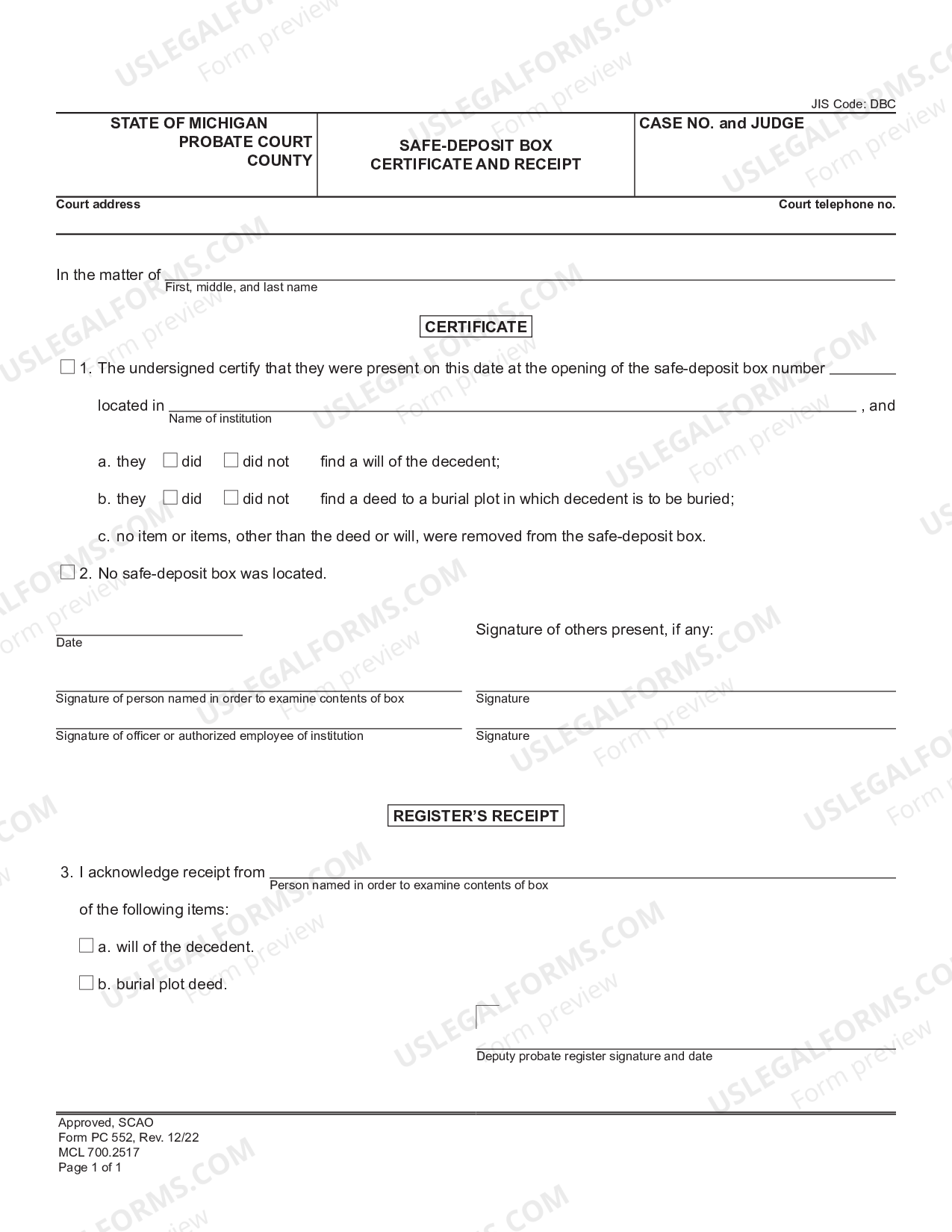 Michigan Safe Deposit Box Certificate and Receipt Certficate Of