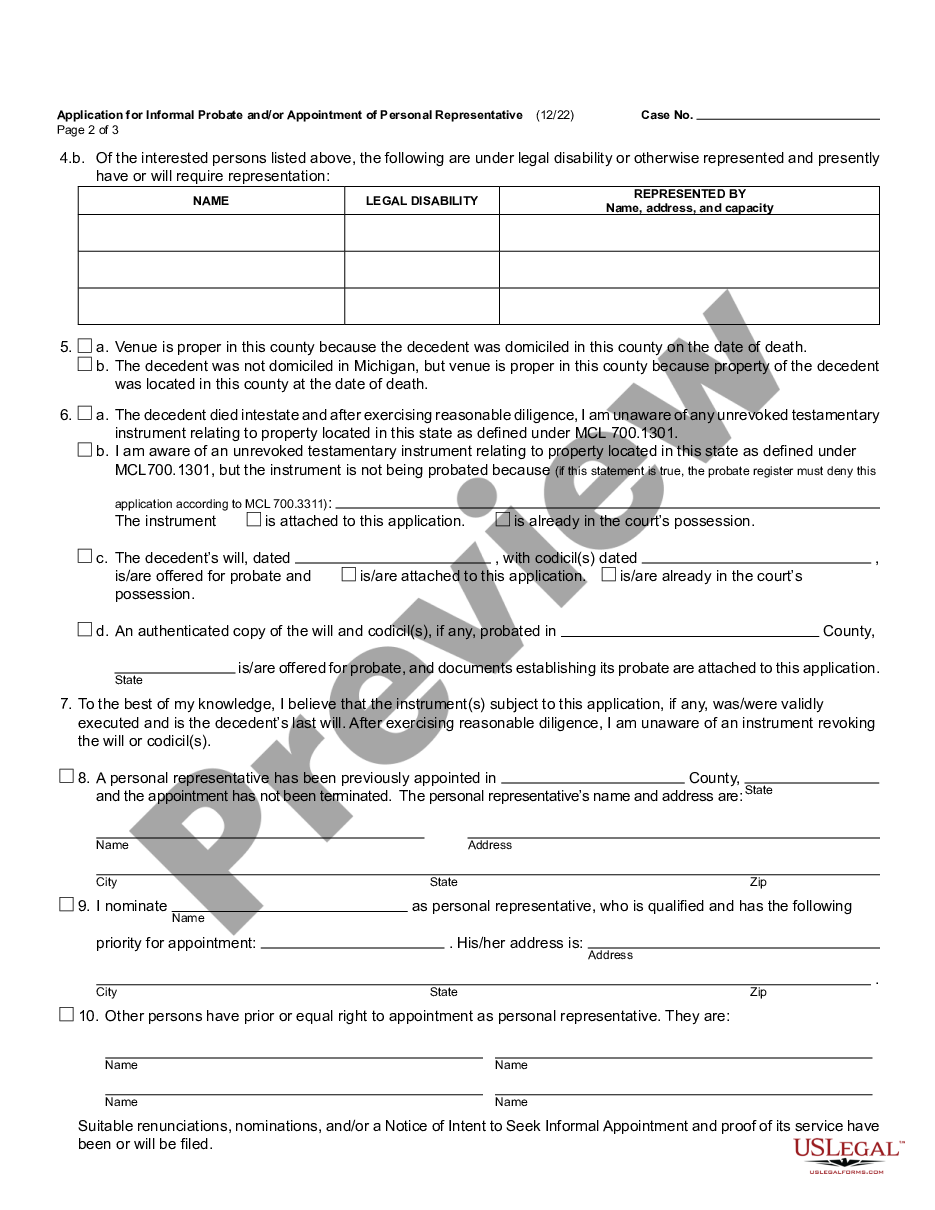 Michigan Informal Probate Forms US Legal Forms
