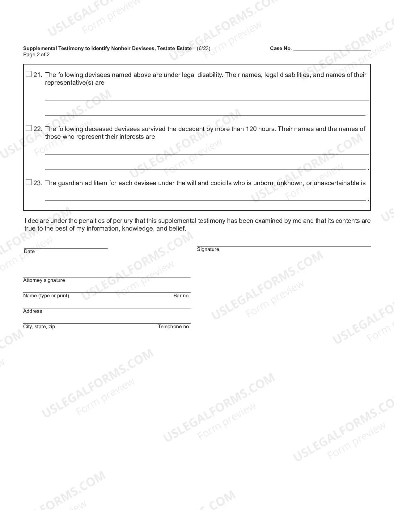 Preview Supplemental Testimony to Identify Nonheir Devisees, Testate Estate